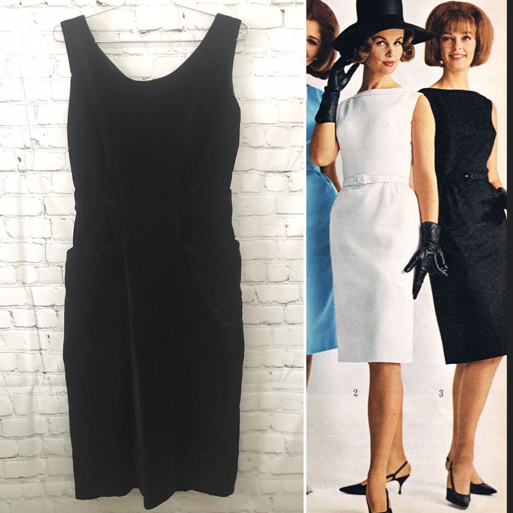 Vintage 1960’s Black Velvet Wiggle Cocktail Lbd Dress